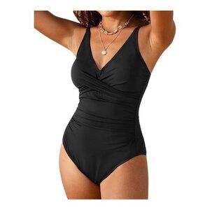 Black V-Neck Swimsuit Ruched Tummy Control Size Large NWT #6657
